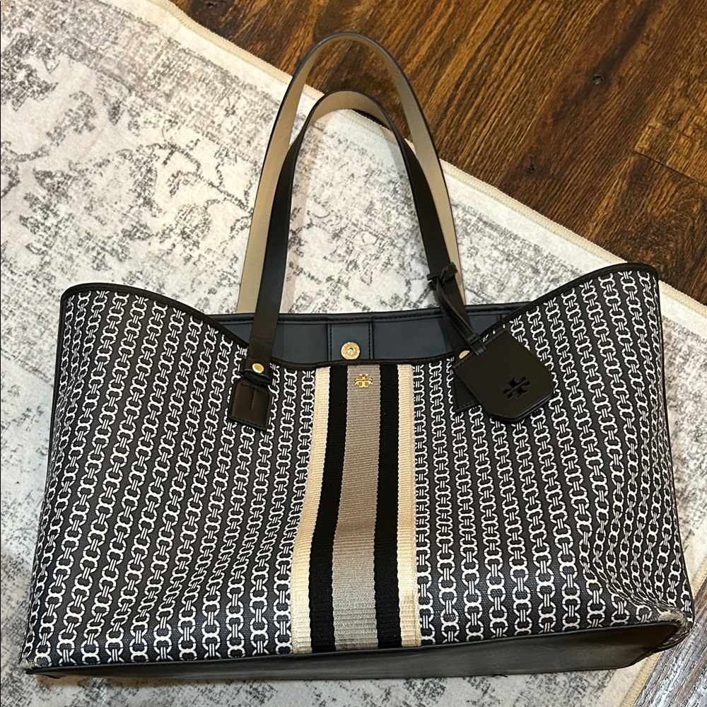 Tory Burch Black and White Patterned Tote Bag